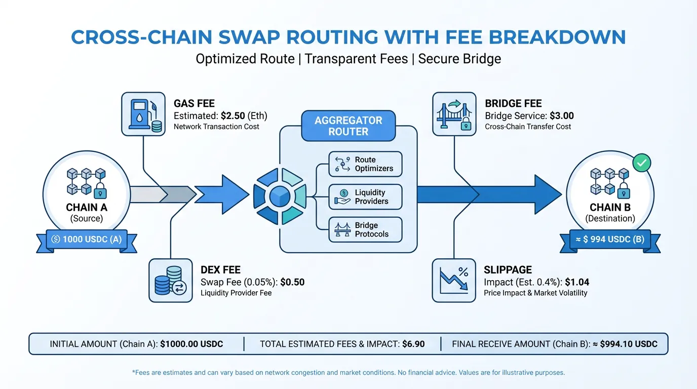 Cross-chain swap routing with fee breakdown