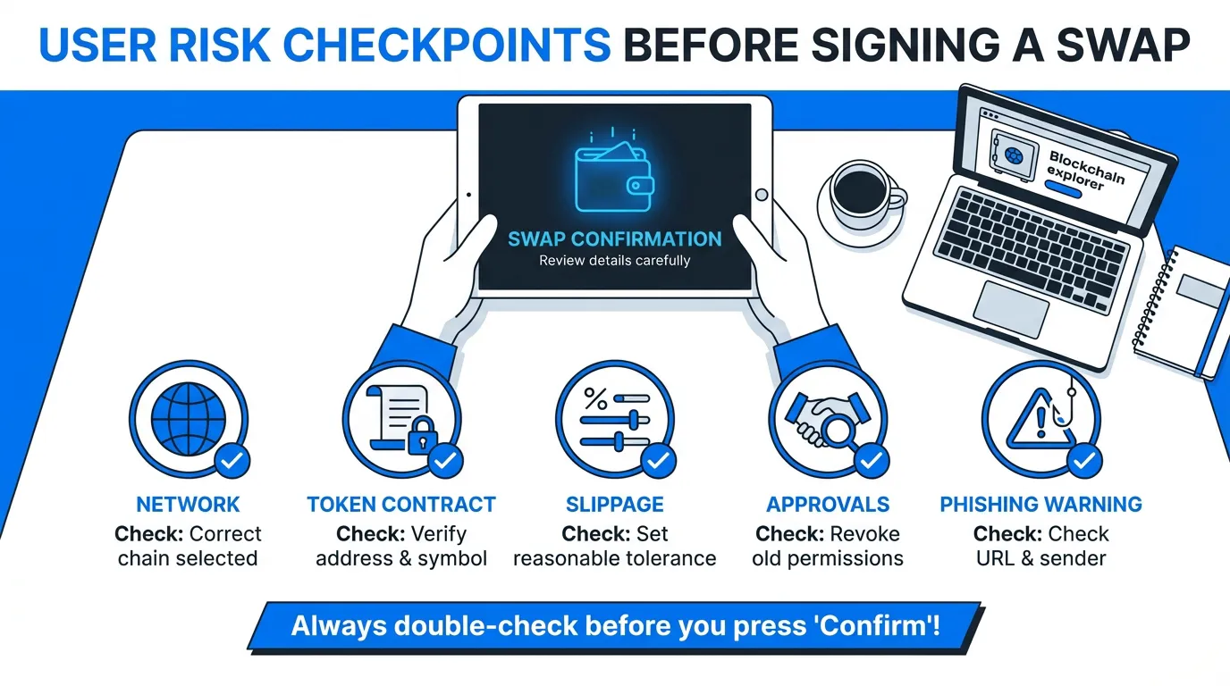 User risk checkpoints before signing a swap