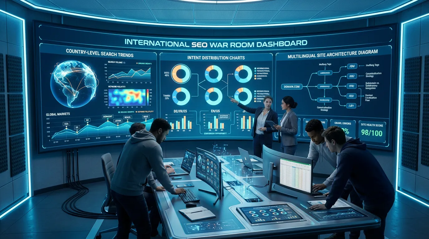 International SEO war room dashboard