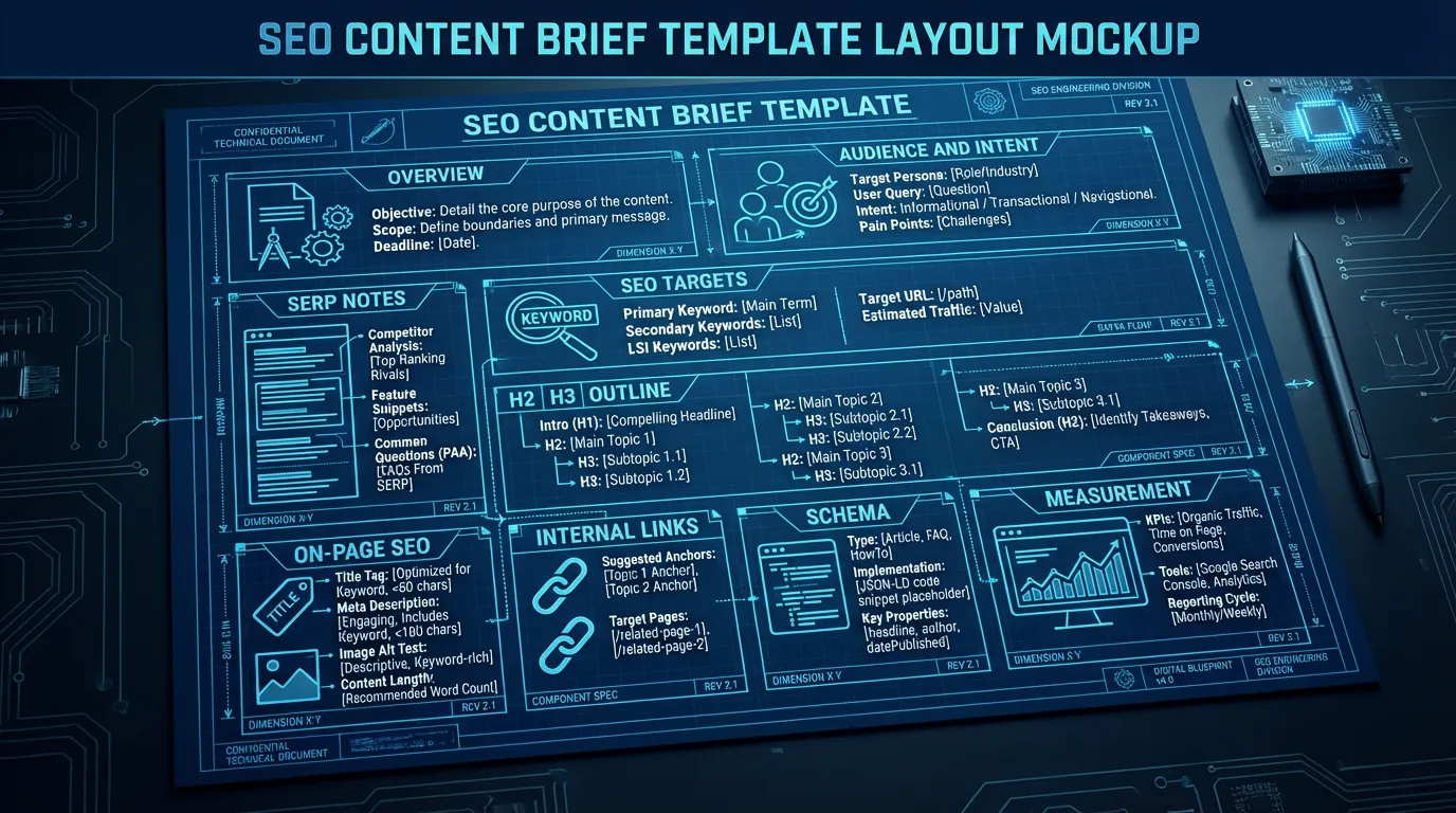 SEO content brief template layout mockup
