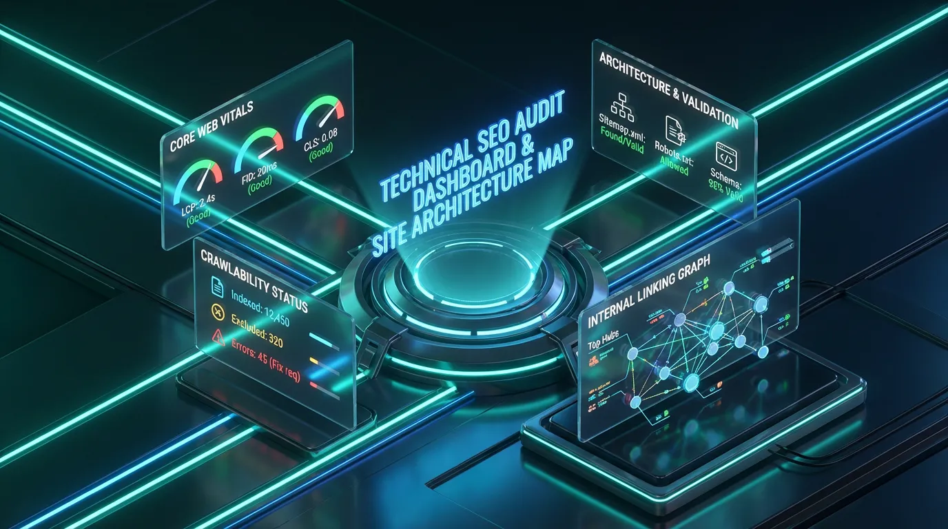Technical SEO audit dashboard and site architecture map