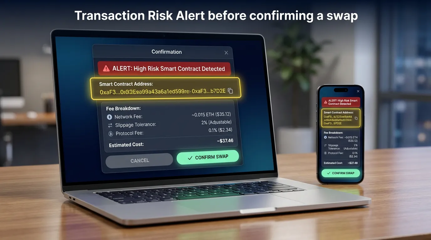 Transaction risk alert before confirming a swap