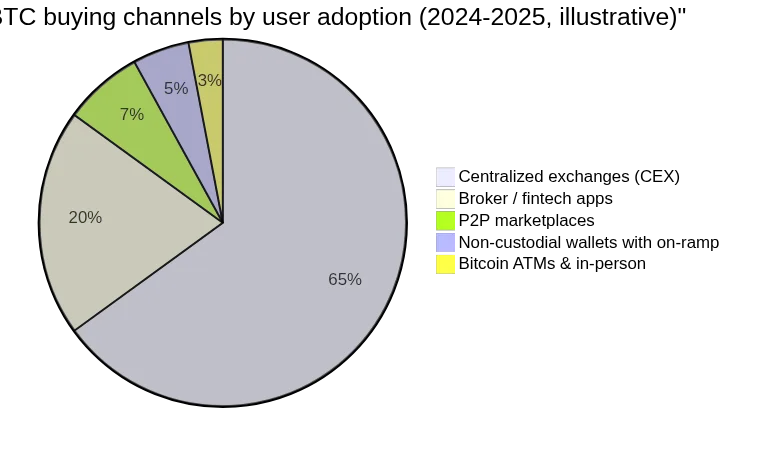 Approximate global BTC buying channels by user adoption (2024-2025, illustrative)