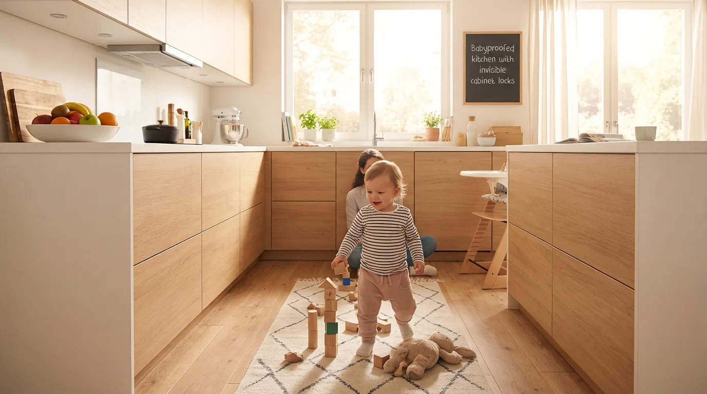 Babyproofed kitchen with invisible cabinet locks