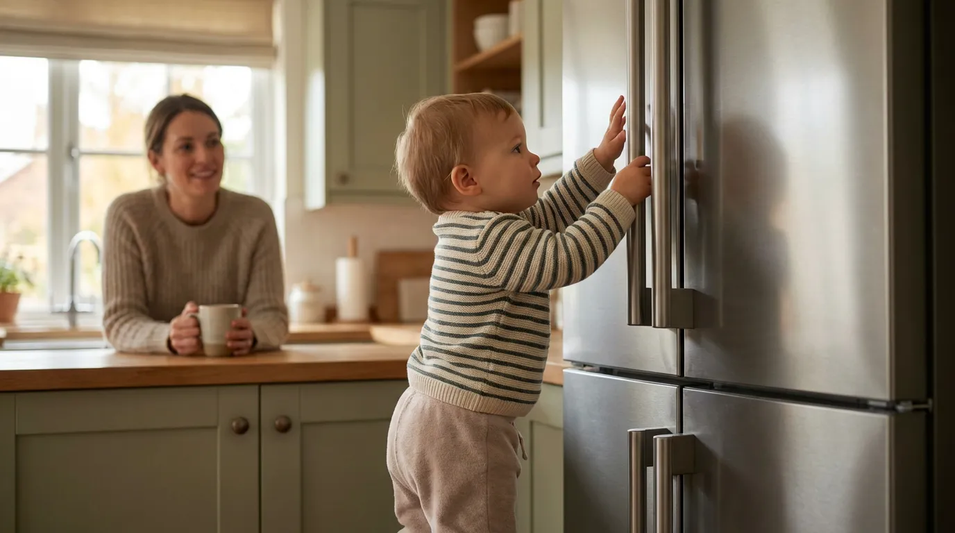 Toddler reaching for refrigerator door