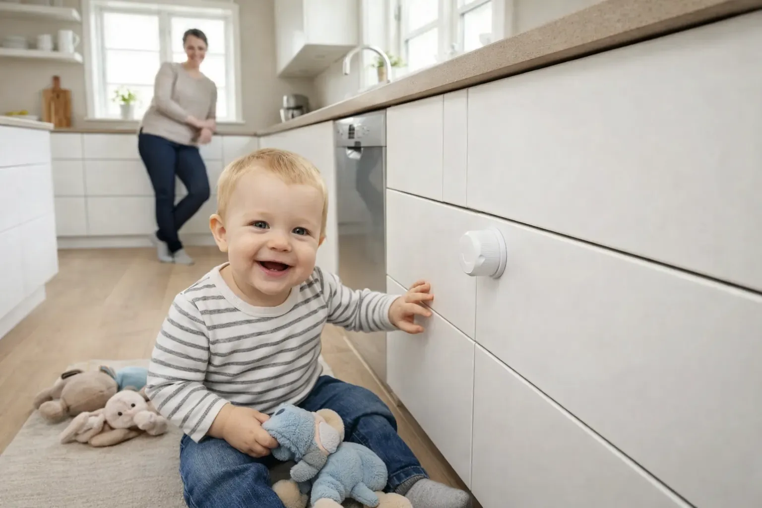 Babyproofed kitchen drawers and cabinets