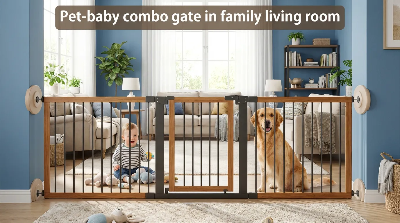 Pet-baby combo gate in family living room