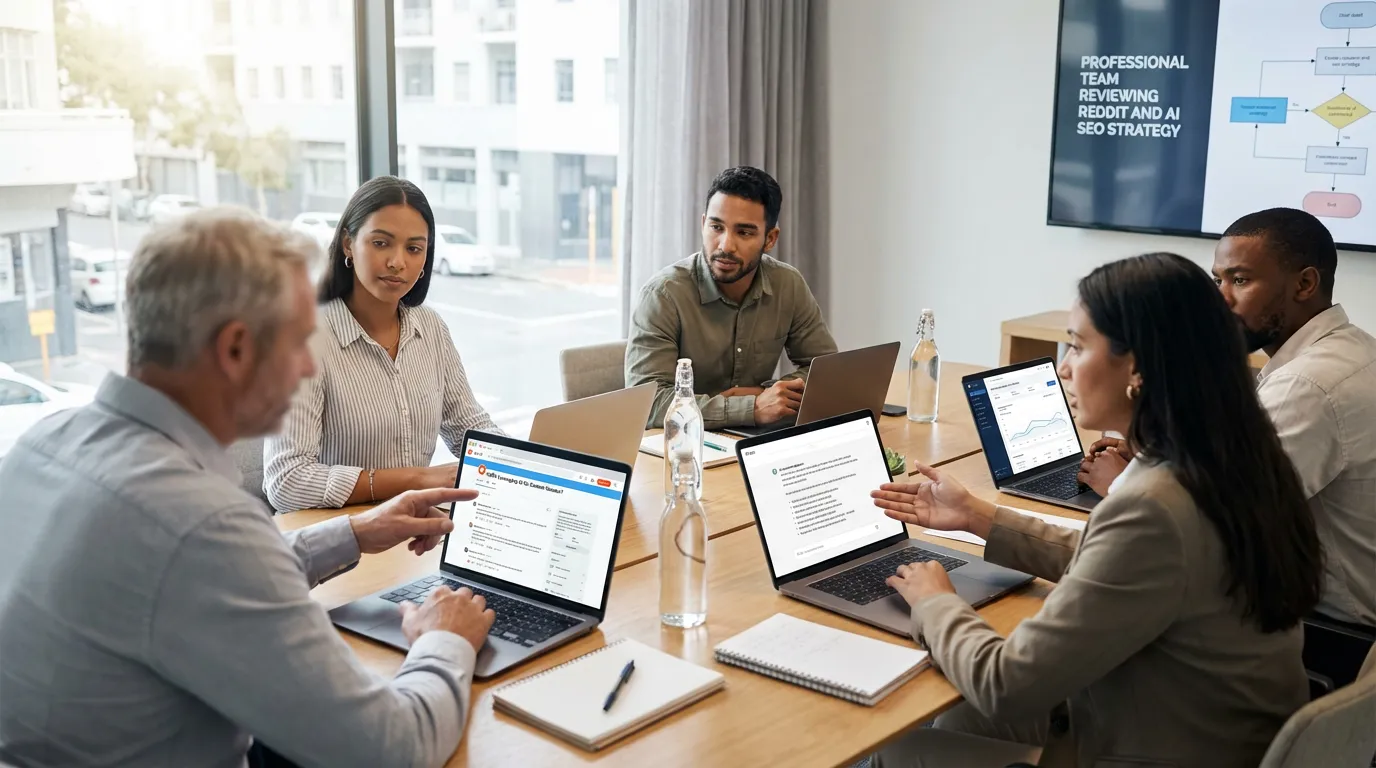 Professional team reviewing Reddit and AI SEO strategy