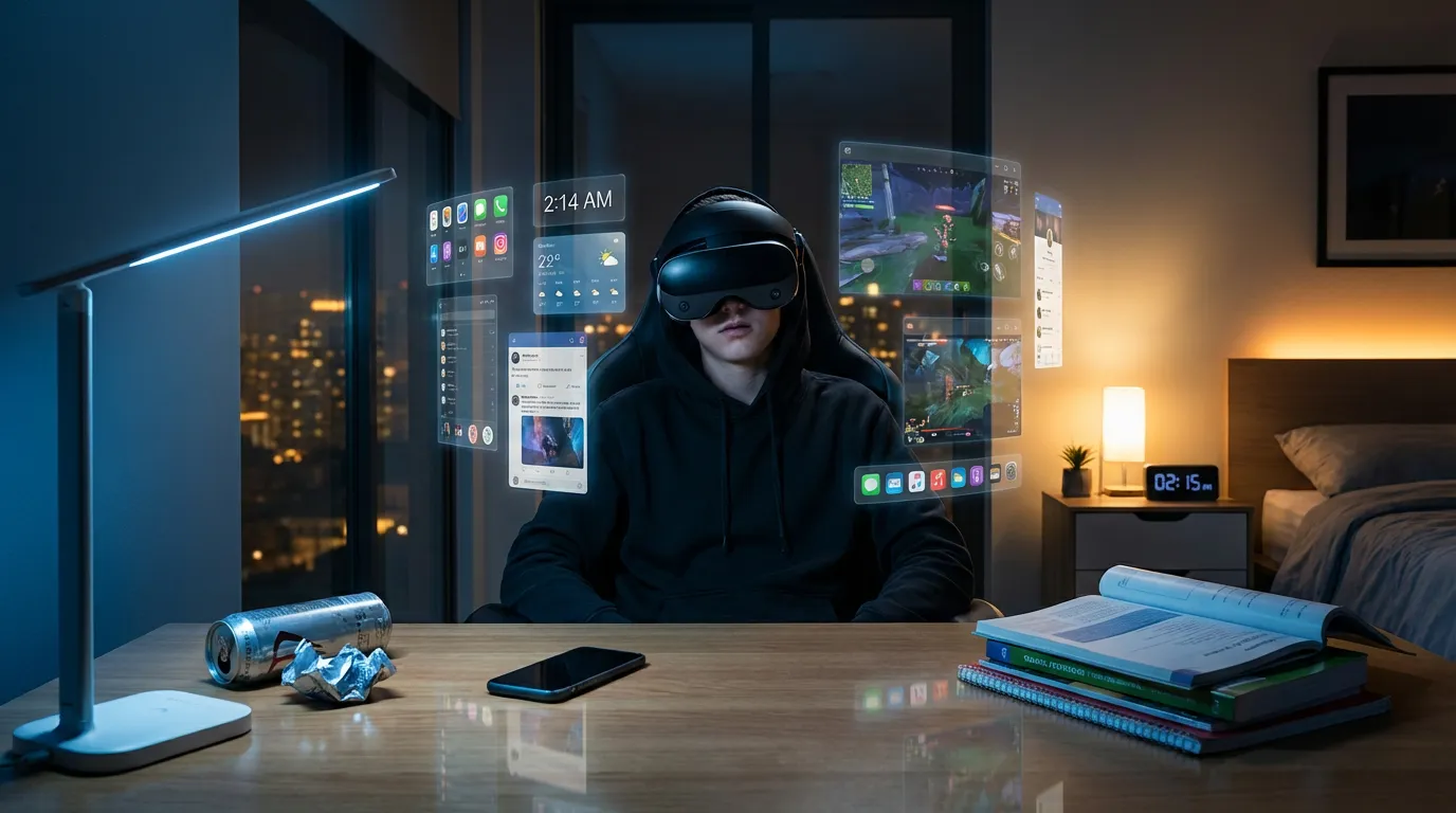 Teen Using Mixed Reality Headset at Night