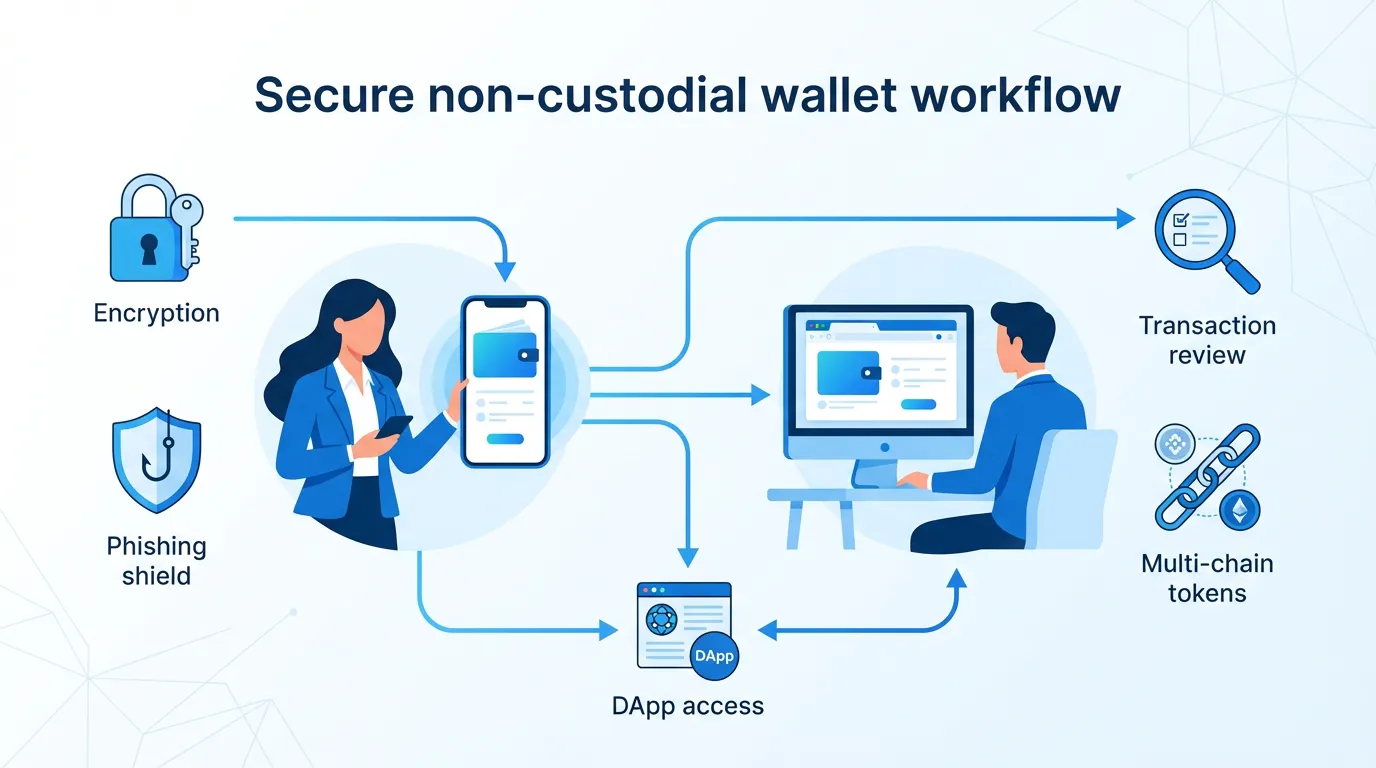 Secure non-custodial wallet workflow