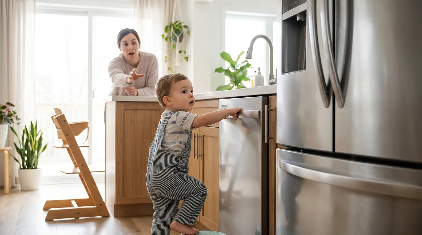 Toddler reaching for dishwasher and fridge