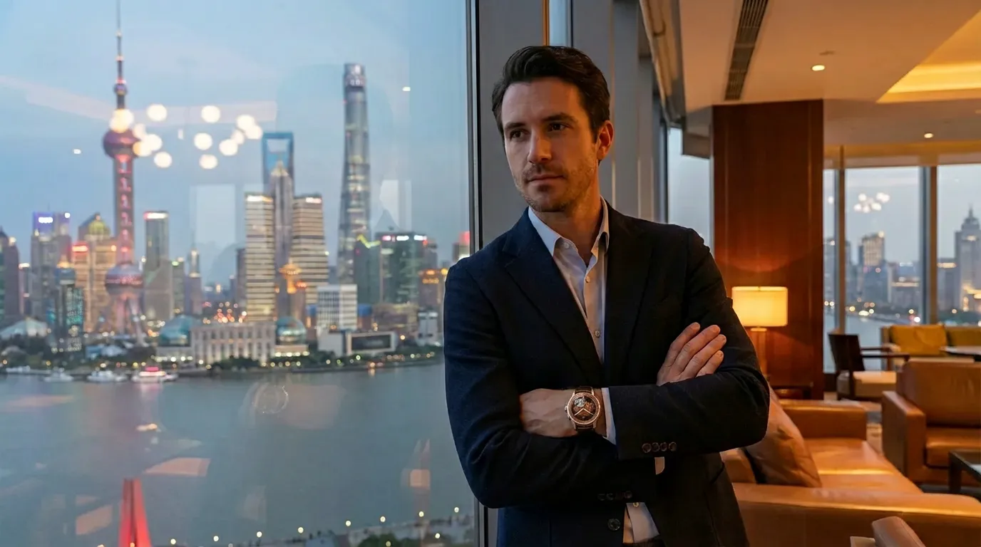 Shanghai skyline and luxury watch lifestyle portrait