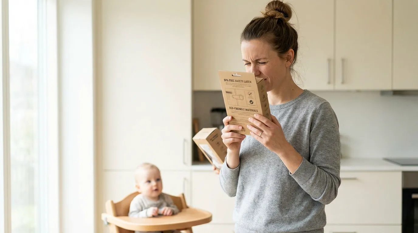 Parent reading babyproofing labels