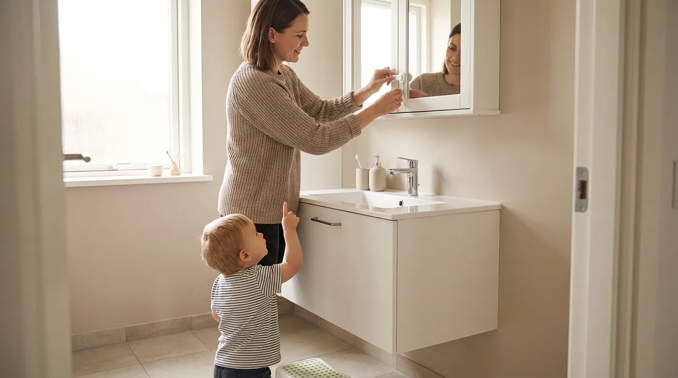 Parent securing bathroom medicine cabinet