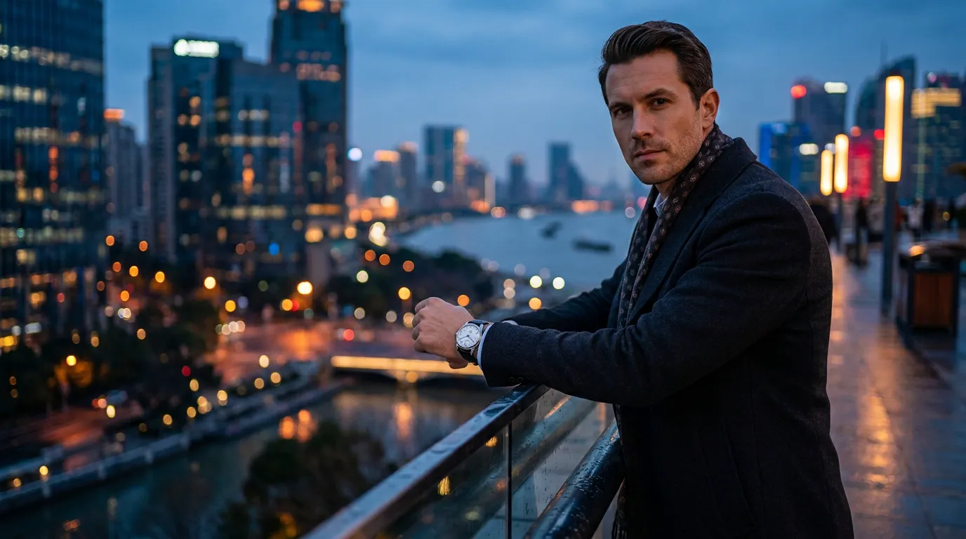 Wearing a Shanghai watch in urban setting