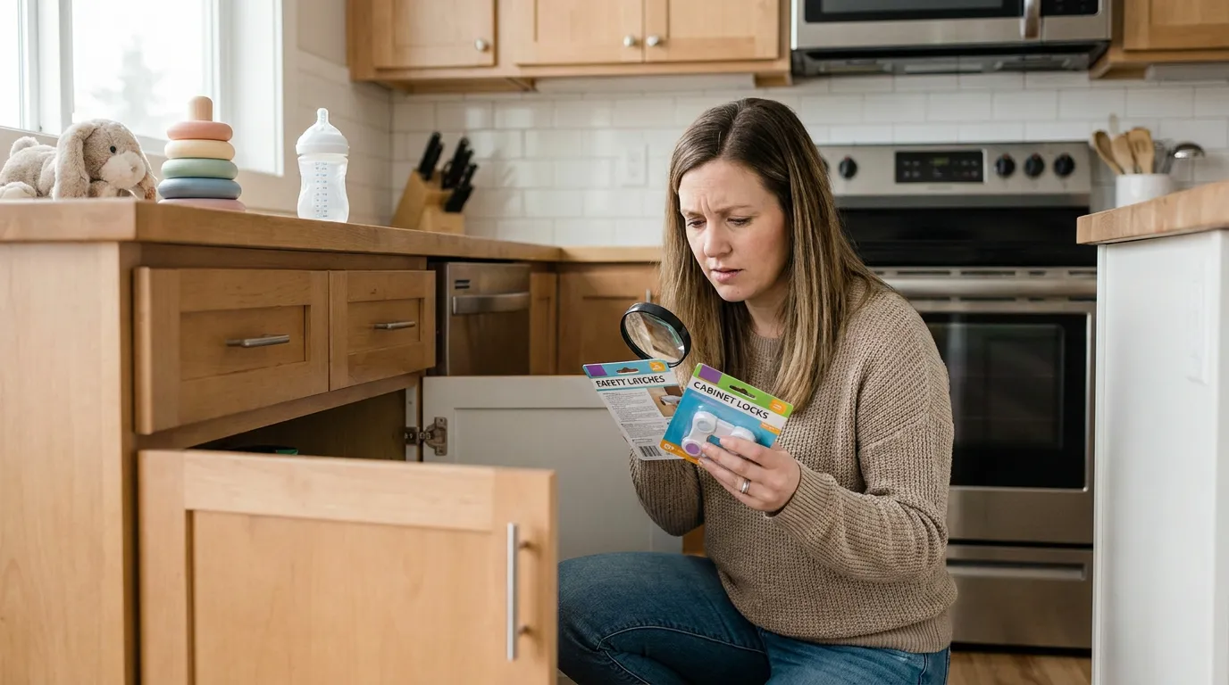 Parent checking babyproofing labels in kitchen