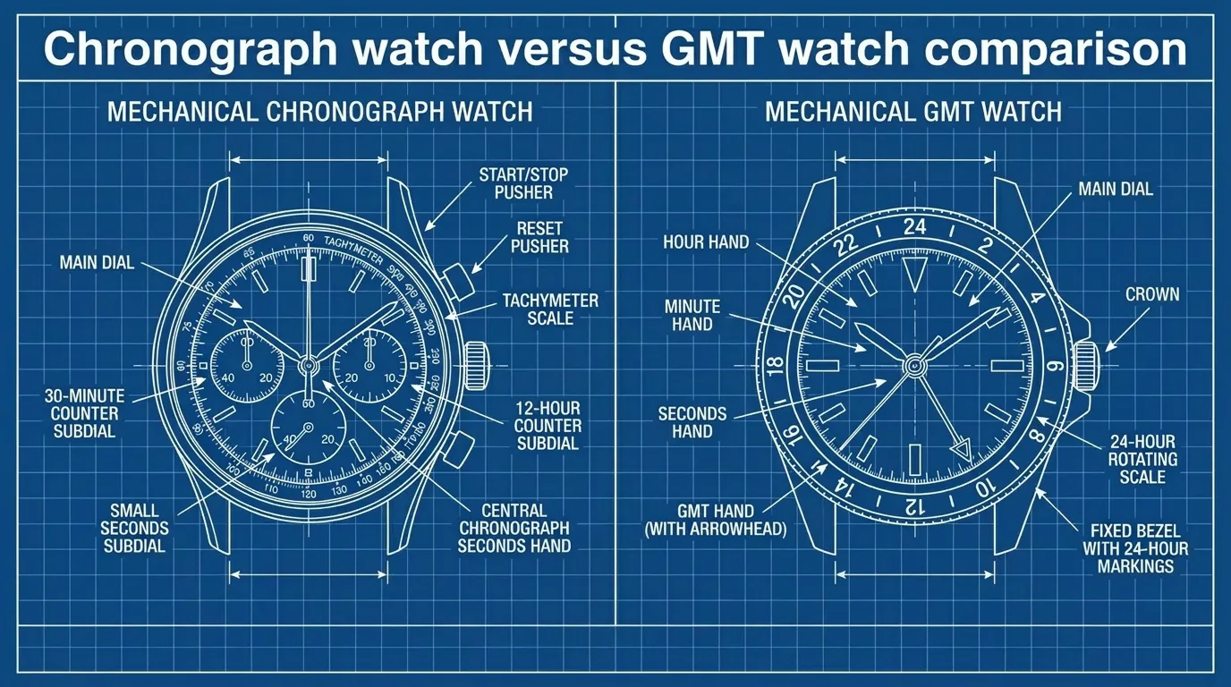 Chronograph watch versus GMT watch comparison