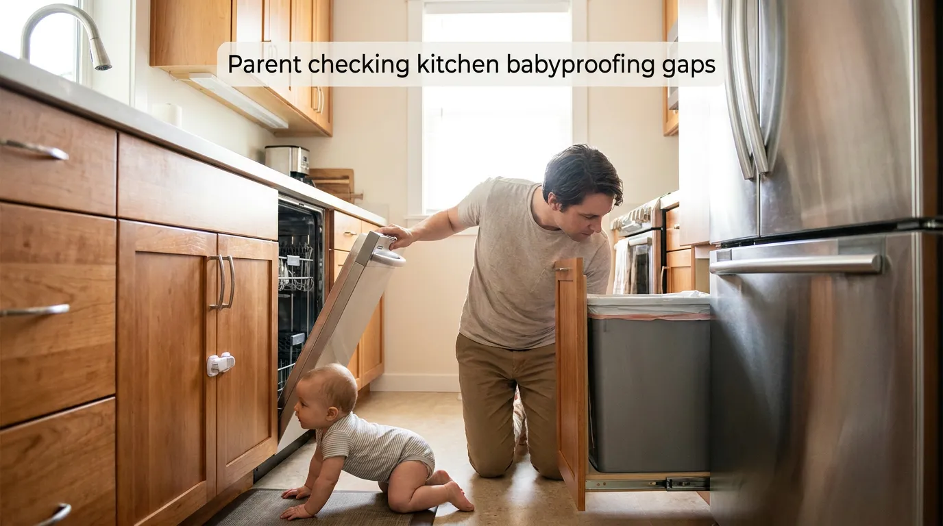 Parent checking kitchen babyproofing gaps