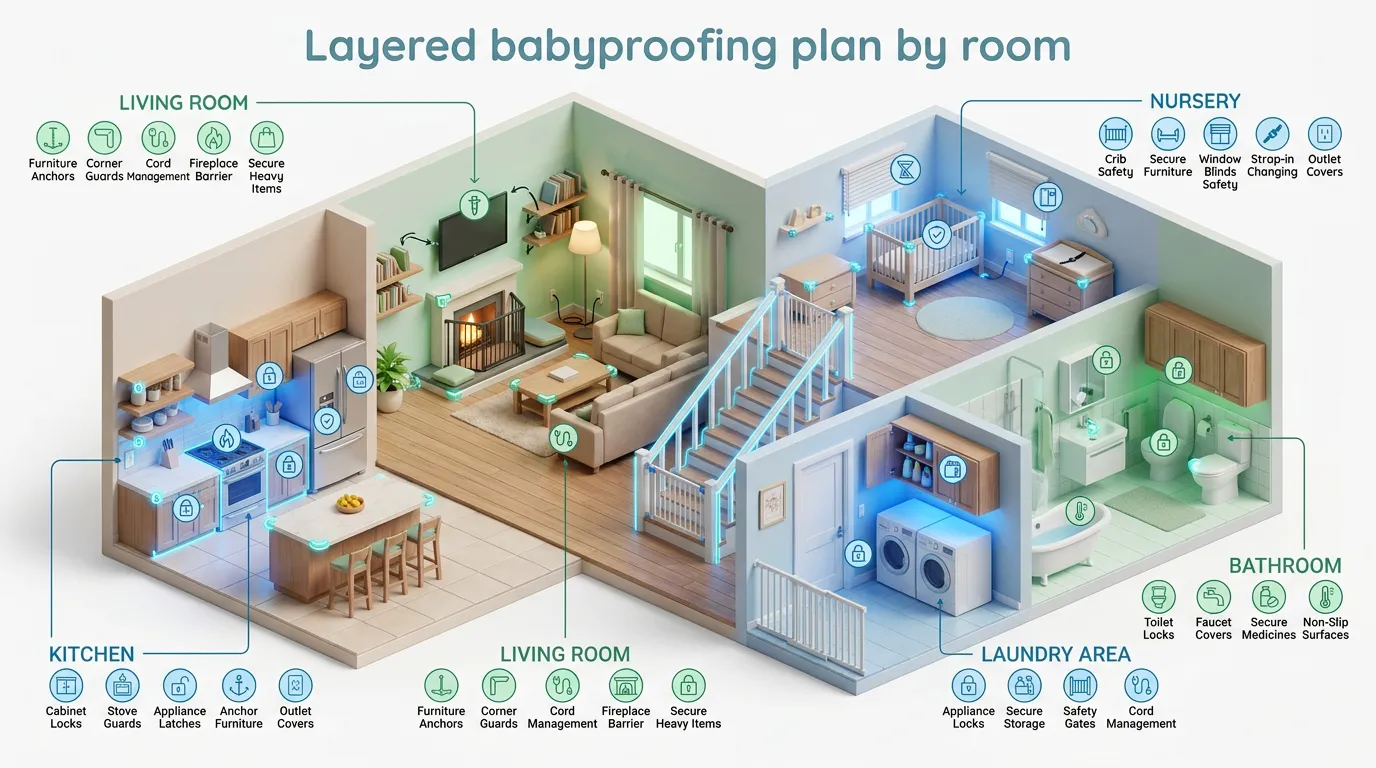 Layered babyproofing plan by room