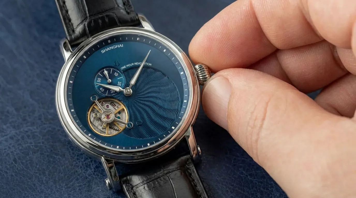 Mechanical watch crown winding close-up