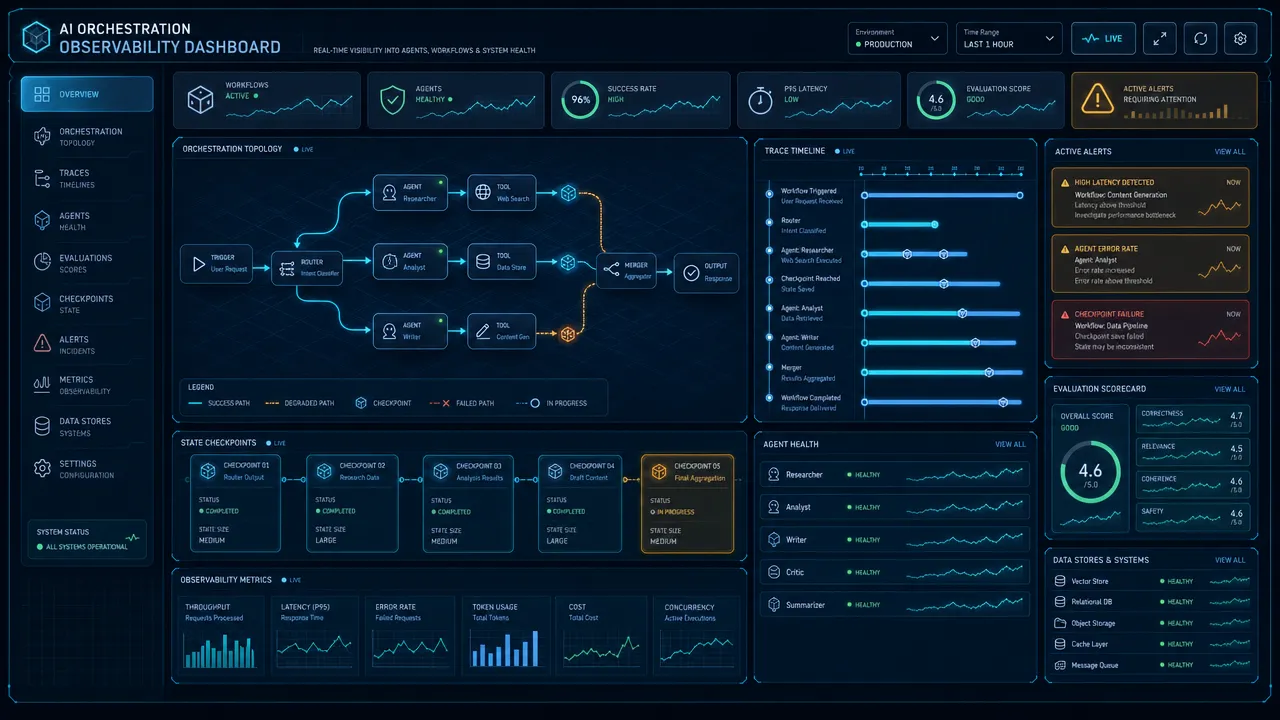 Production AI orchestration observability dashboard