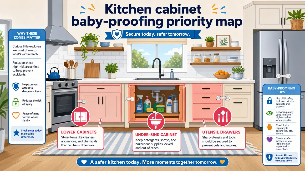 Kitchen cabinet baby-proofing priority map