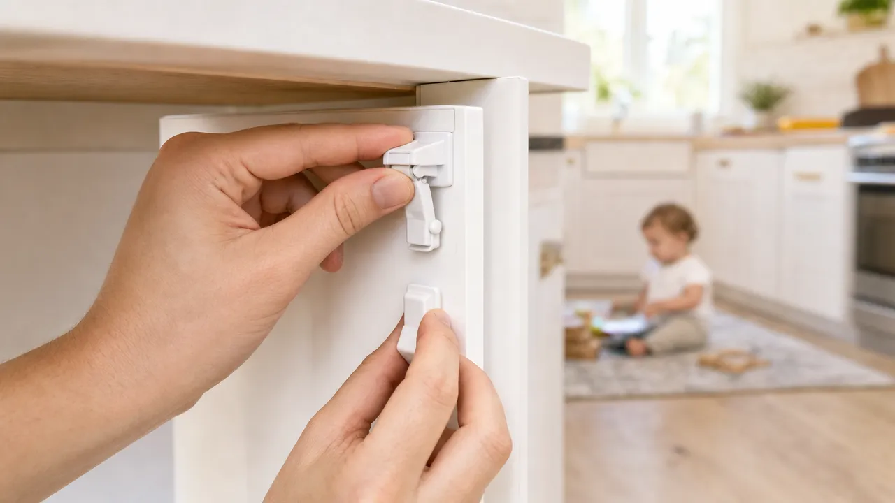 No-drill adhesive cabinet latches for family kitchens