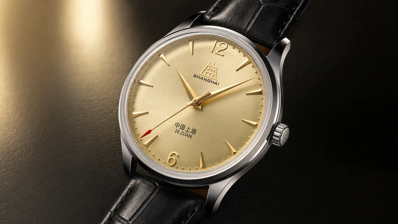 Shanghai Watch 50s Gold Sunburst Dial editorial close-up