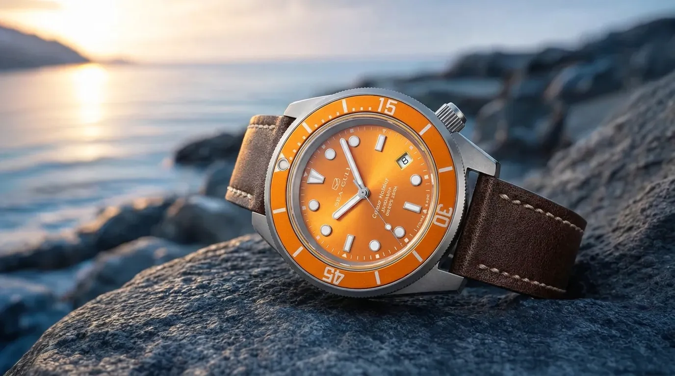 Colorful titanium dive watch on coastal stone