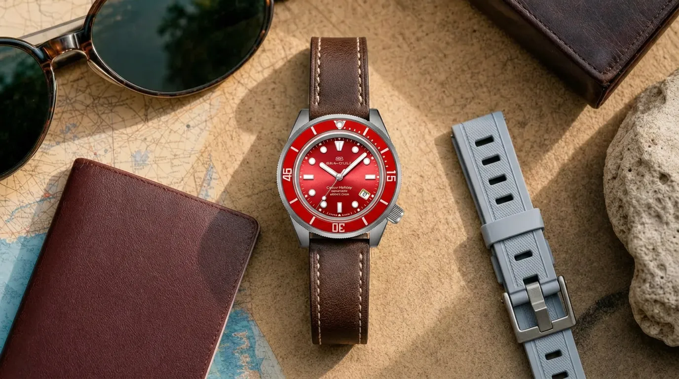 Mechanical dive watch on travel desk
