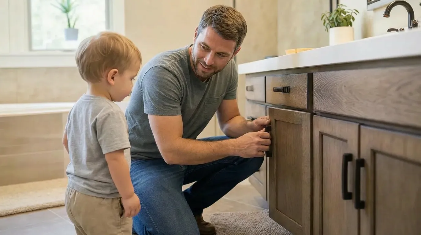 Parent checking a bathroom vanity cabinet