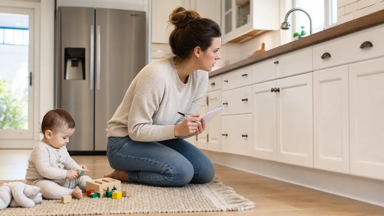 Parent counting babyproofing latch points in a kitchen