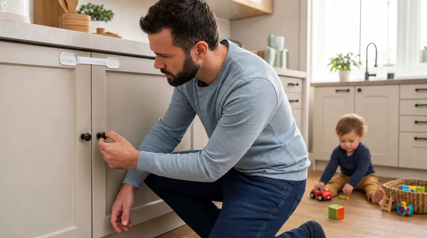 Parent checking a child-safe kitchen cabinet