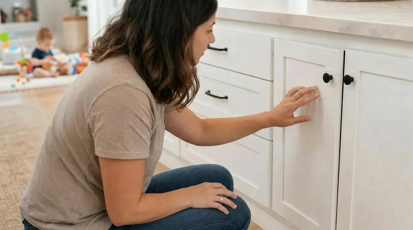 Parent checking a loose cabinet latch