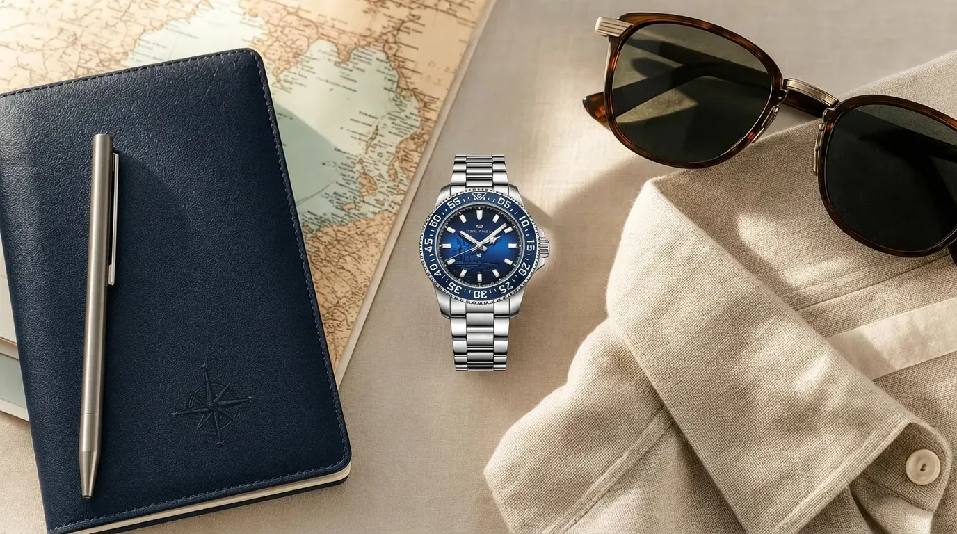 Mechanical summer watch travel flat lay