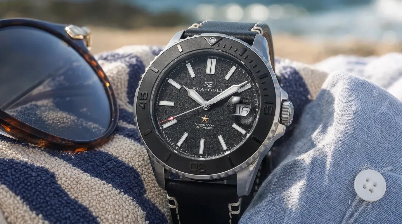 Sea-Gull dive-style summer watch by the coast