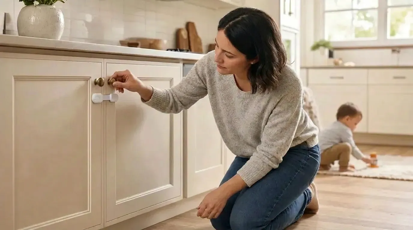 Parent comparing drawer and cabinet safety options