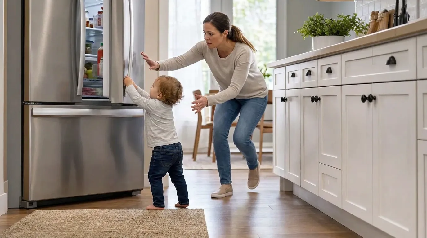 Toddler-safe kitchen planning scene