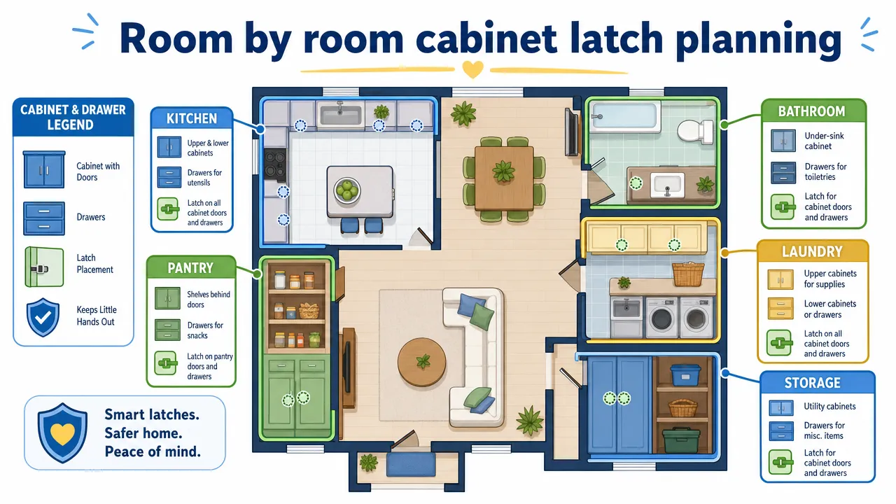 Room by room cabinet latch planning