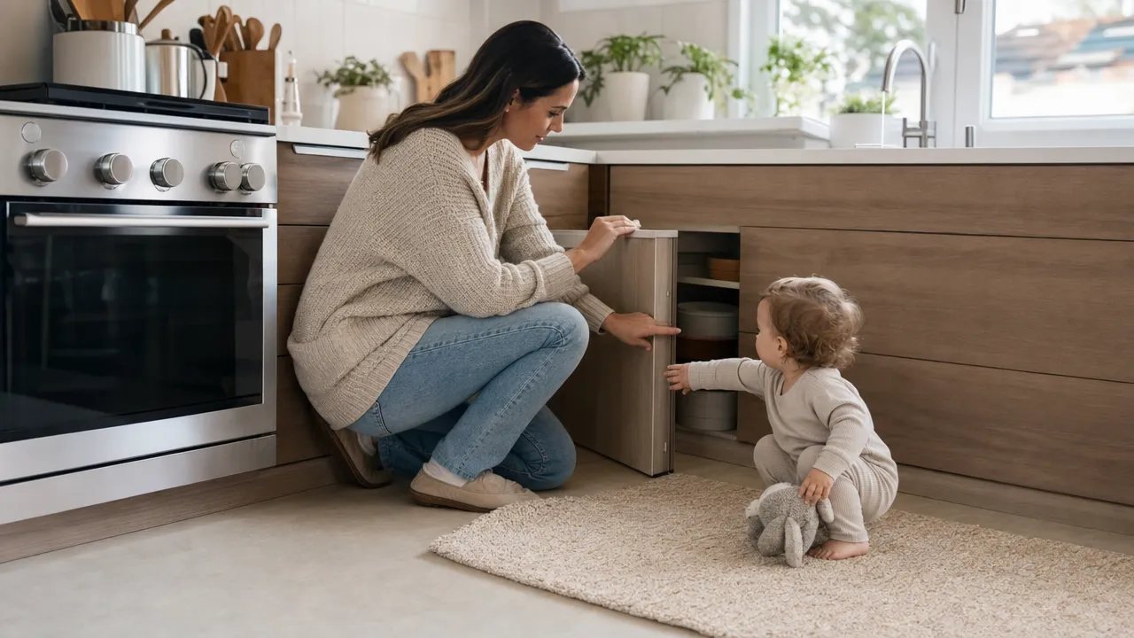 Parent checking a low kitchen cabinet