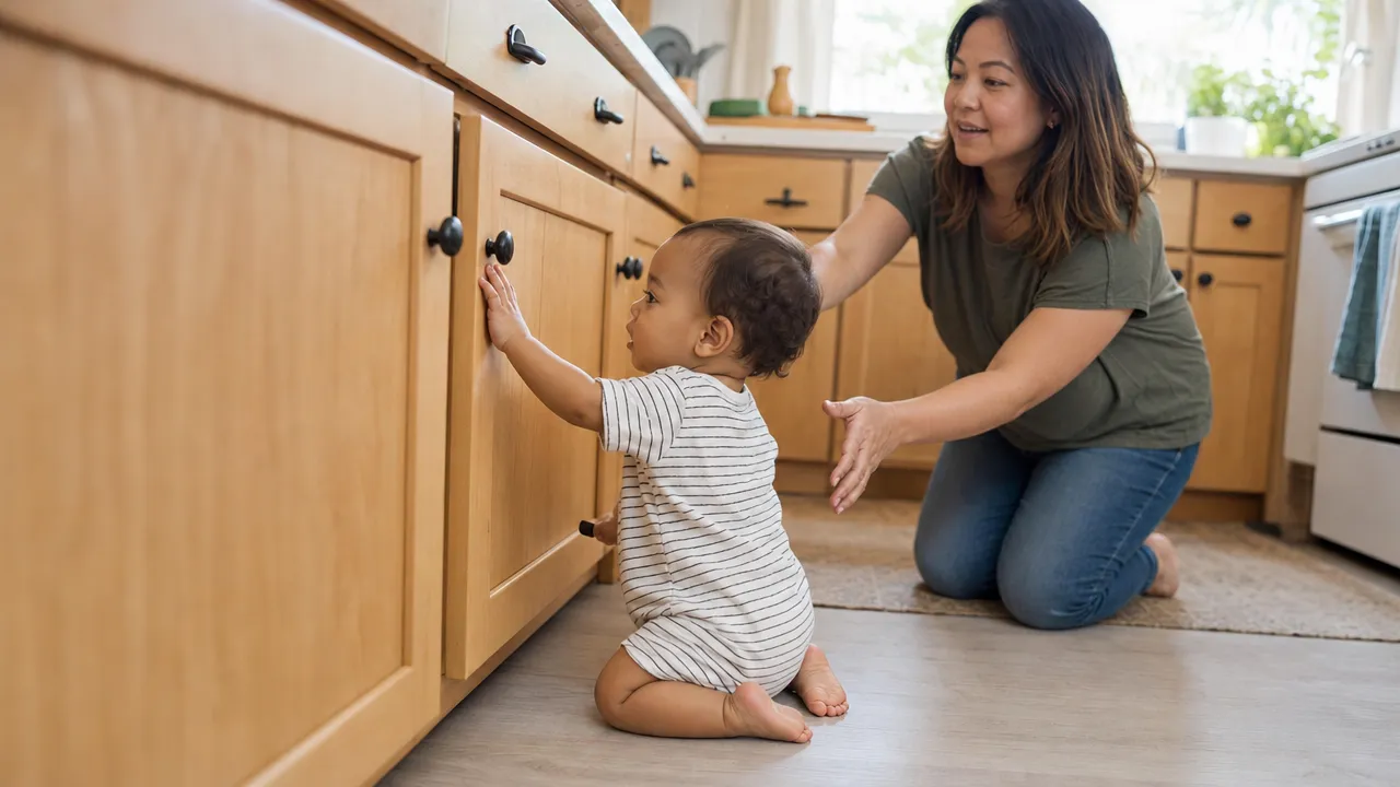 Toddler exploring a lower kitchen cabinet