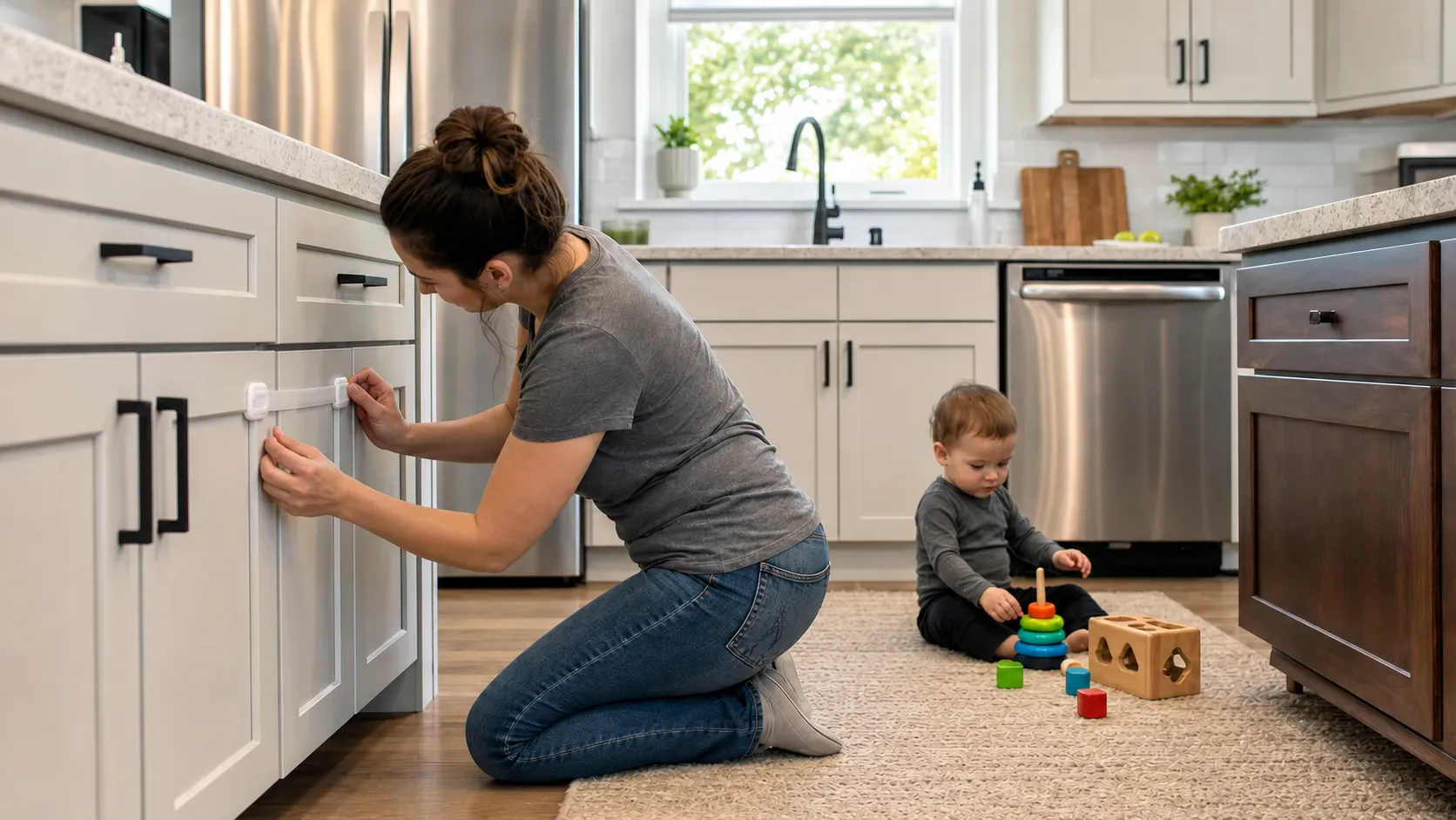 Parent Baby-Proofing A Kitchen Cabinet