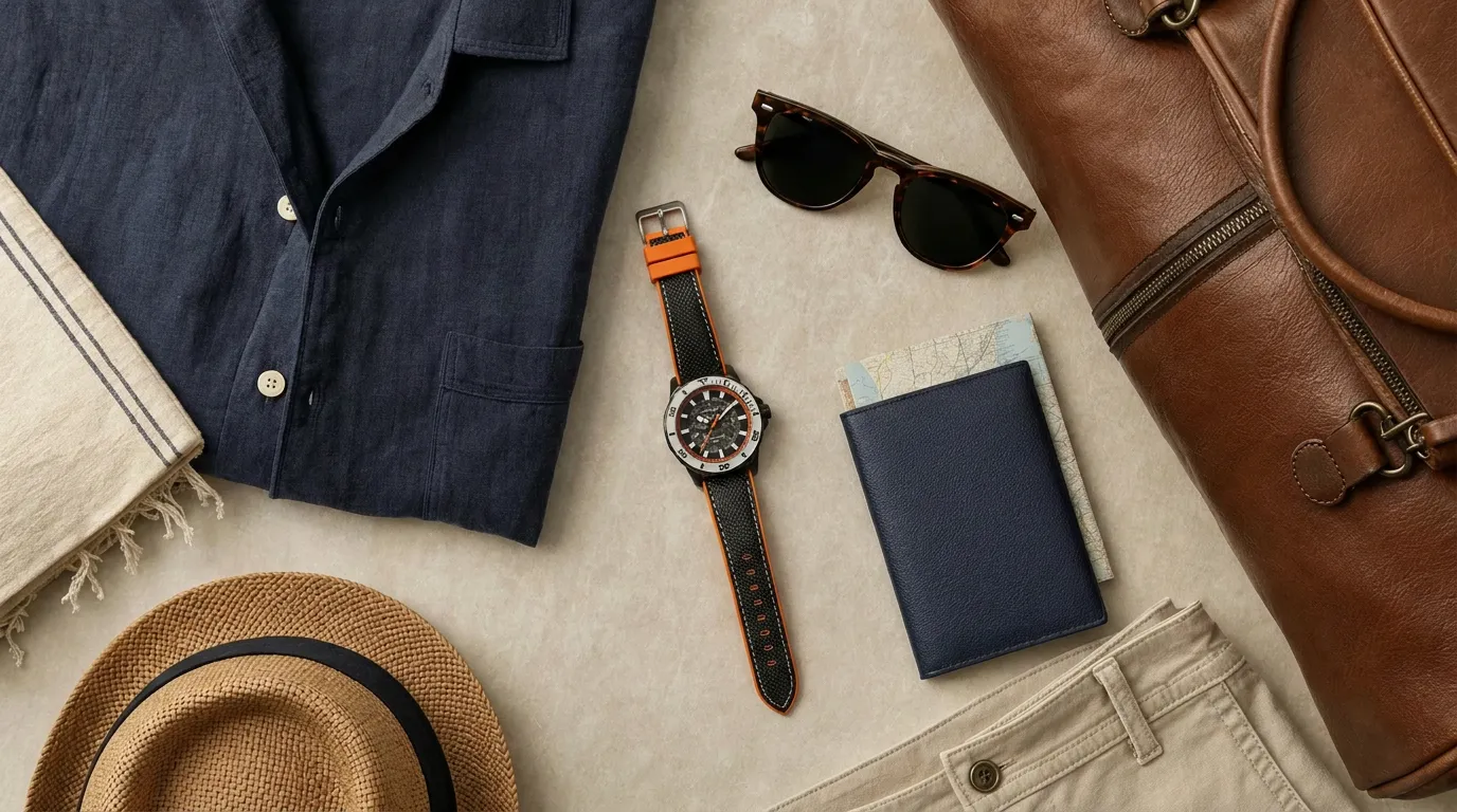 Men's summer travel watch flat lay