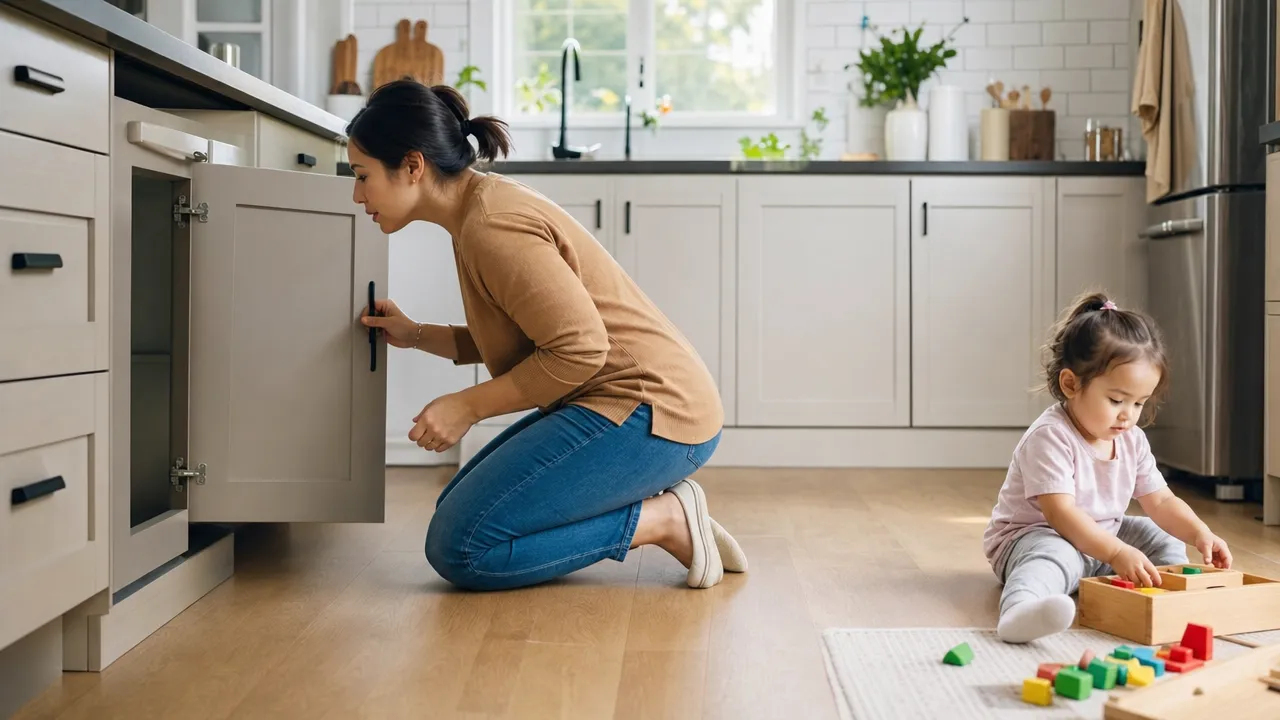 Parent checking a lower kitchen cabinet