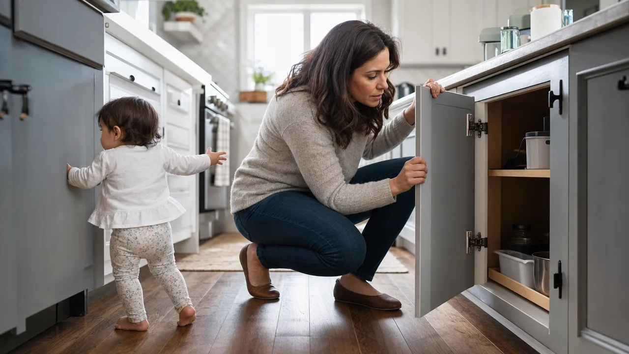 Parent checking a lower kitchen cabinet