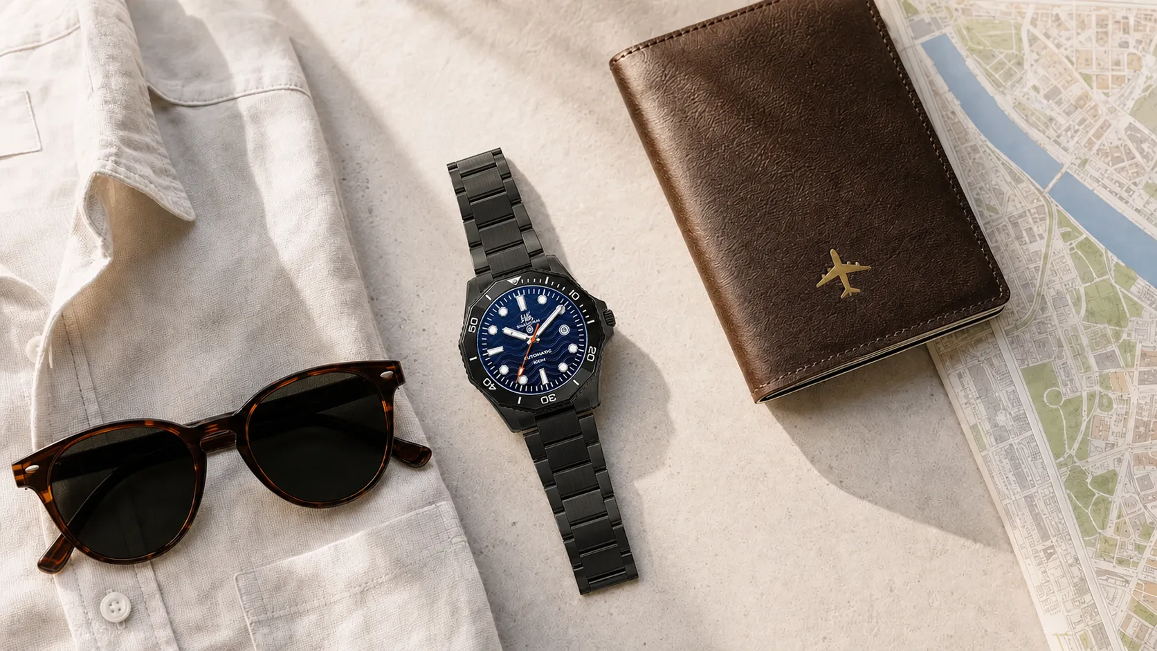 Summer Travel Watch Flat Lay