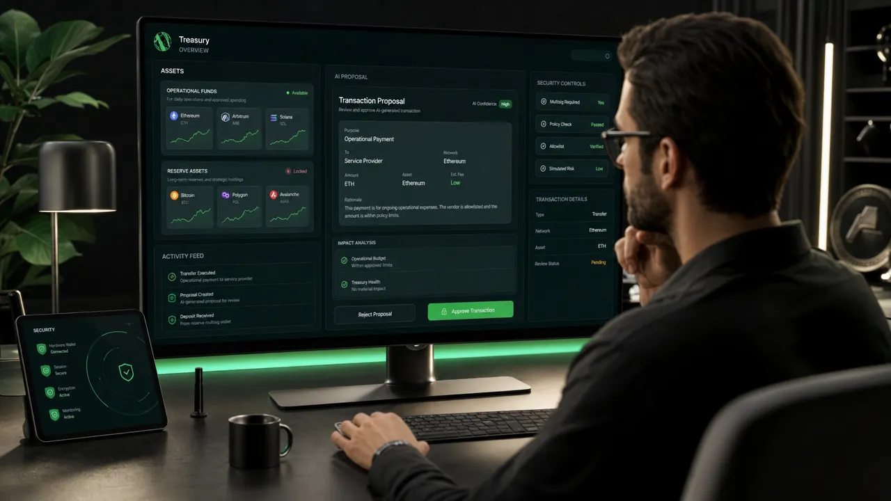 Human-controlled multi-chain treasury workspace