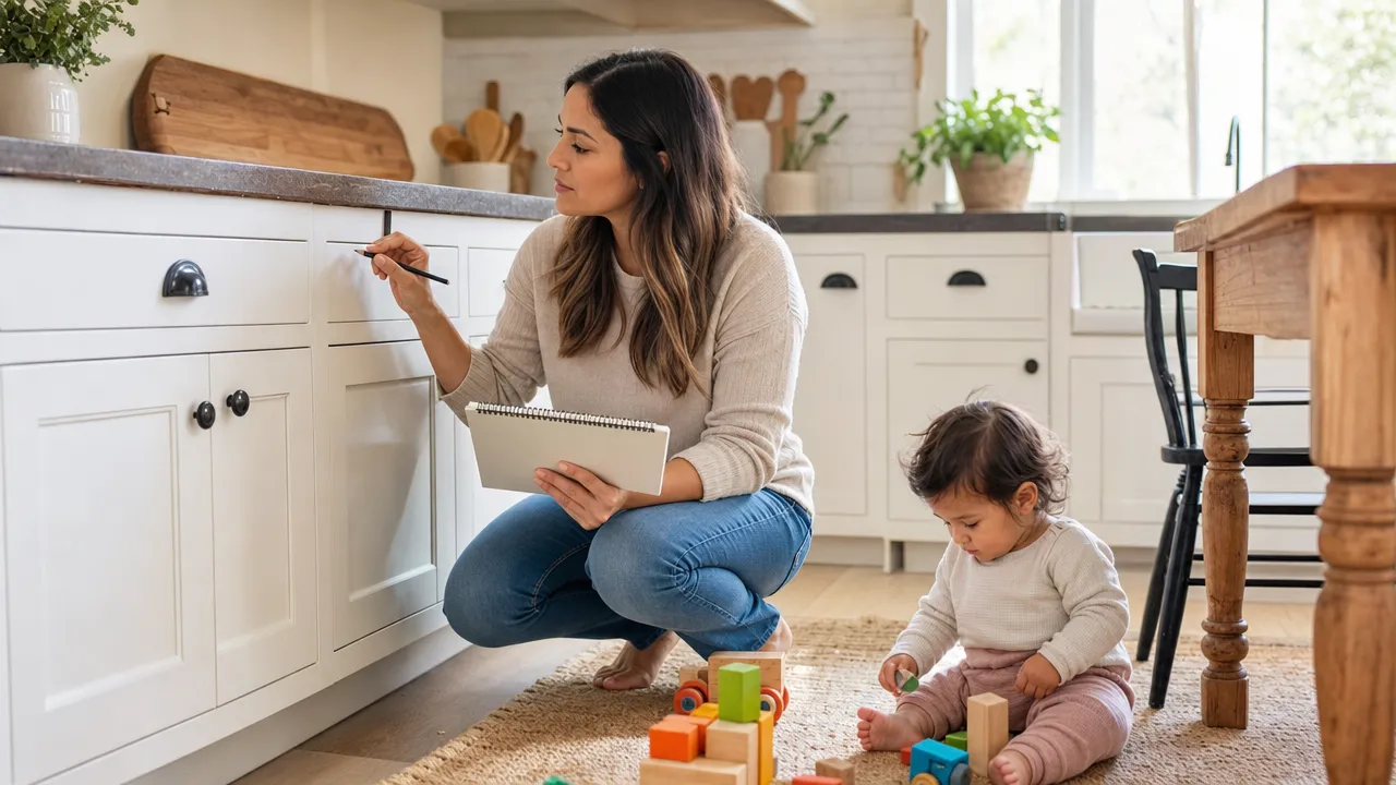 Parent planning cabinet safety in a bright family kitchen