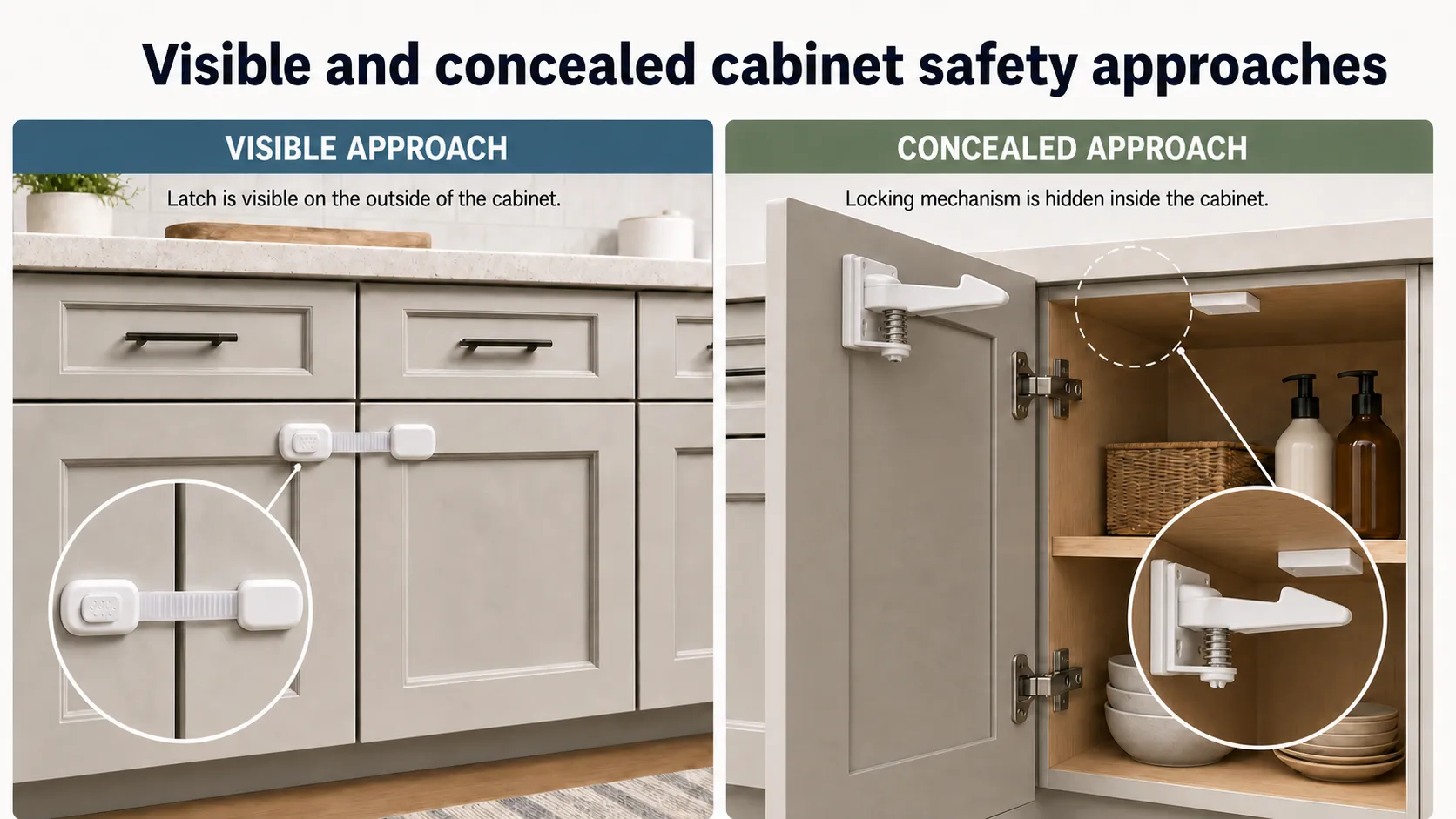 Visible and concealed cabinet safety approaches