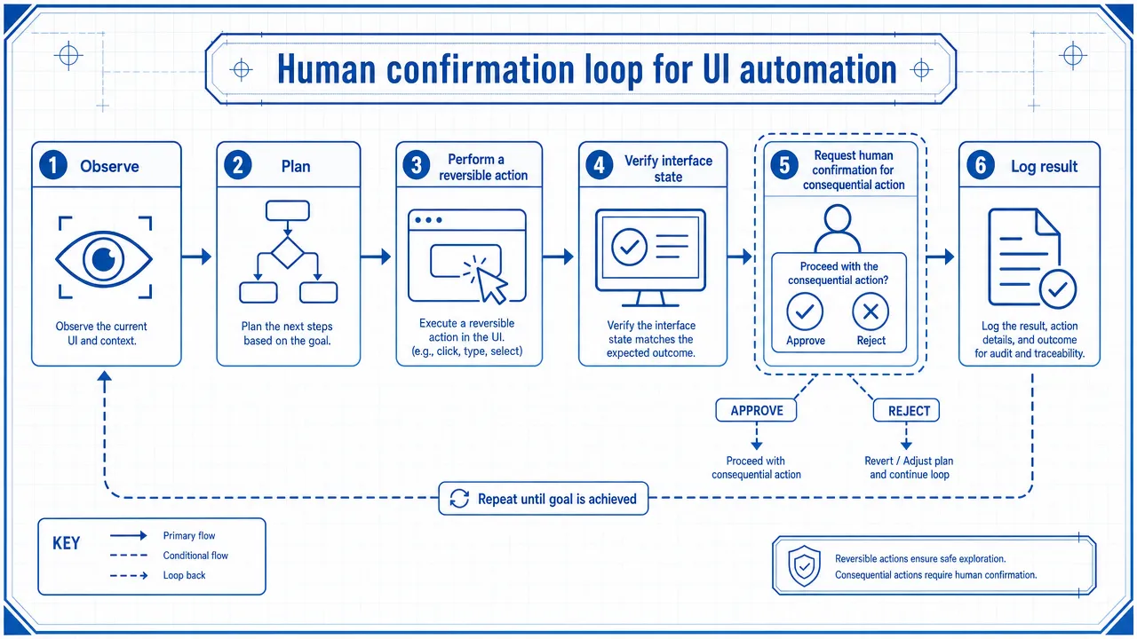 Human confirmation loop for UI automation